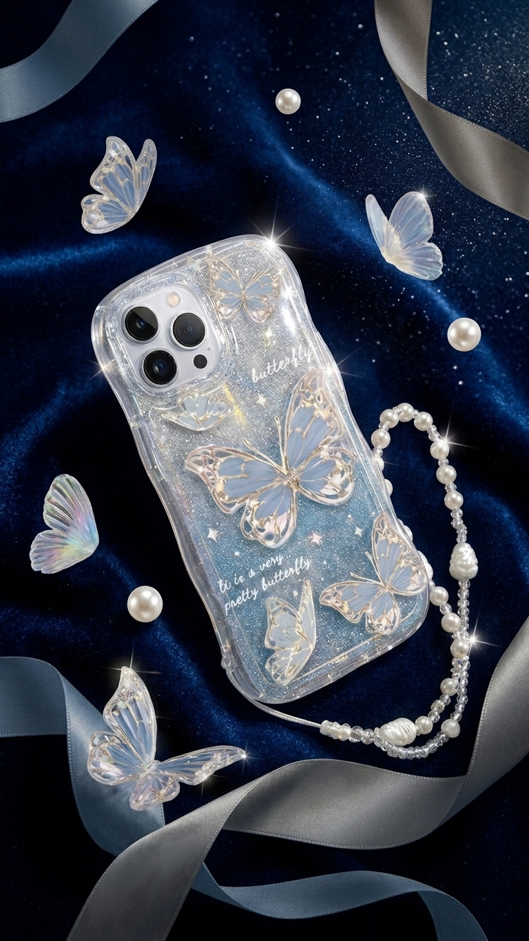 Fashion Gradual Colors Glitter TPU Butterfly Phone Case With Strap Chain Back Cover
