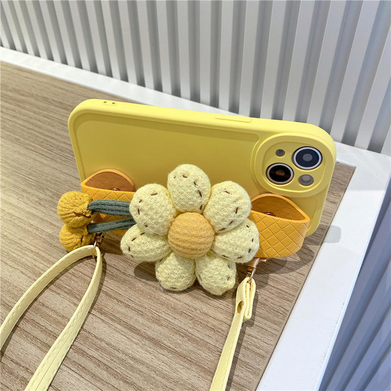 Handwoven Crochet Sunflower Wrist‑Strap Phone Case for iPhone